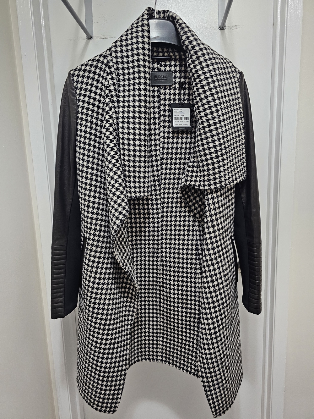 RUDSAK Black & White Houndstooth Draped Coat with Leather Sleeves